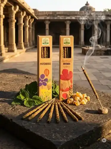 Kadzidełka Botaniczne Namaste India Zestaw Duet Paczula Patchouli Mirra Myrrh 2x 15g (3).webp