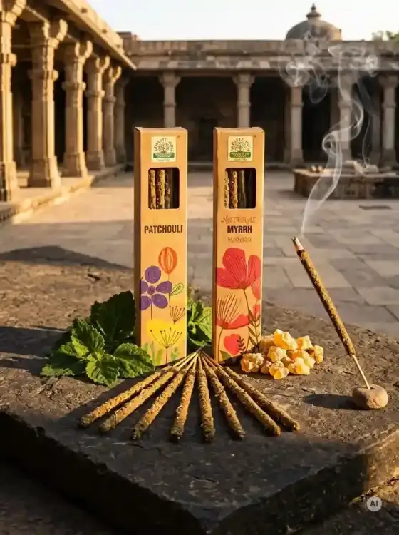 Kadzidełka Botaniczne Namaste India Zestaw Duet Paczula Patchouli Mirra Myrrh 2x 15g (3).webp