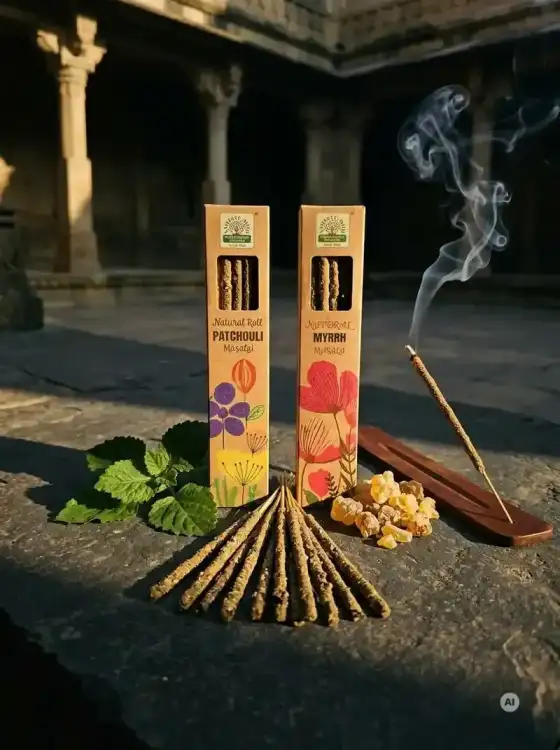 Kadzidełka Botaniczne Namaste India Zestaw Duet Paczula Patchouli Mirra Myrrh 2x 15g (1).webp