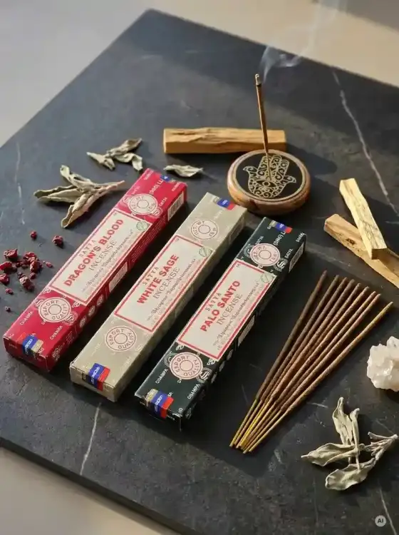 Kadzidełka SATYA Zestaw Tercet Dragon's Blood White Sage i Palo Santo Święta .webp