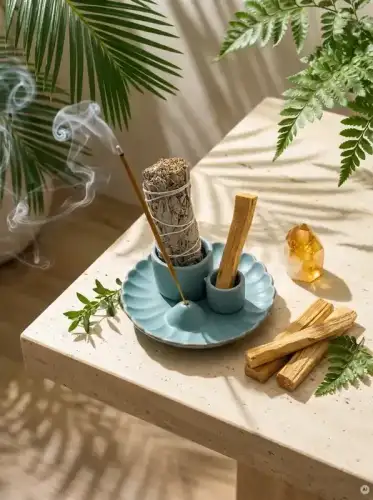 Zestaw Palo Santo Biała Szałwia 10 cm Podstawka Kwiat Lotosu Niebieska (5).webp