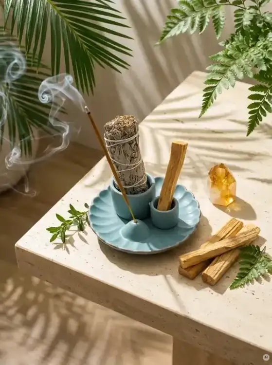 Zestaw Palo Santo Biała Szałwia 10 cm Podstawka Kwiat Lotosu Niebieska (5).webp