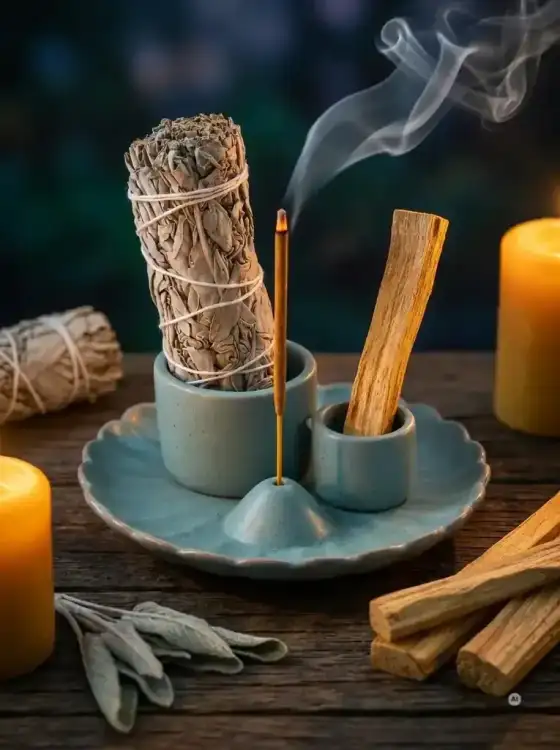 Zestaw Palo Santo Biała Szałwia 10 cm Podstawka Kwiat Lotosu Niebieska (4).webp