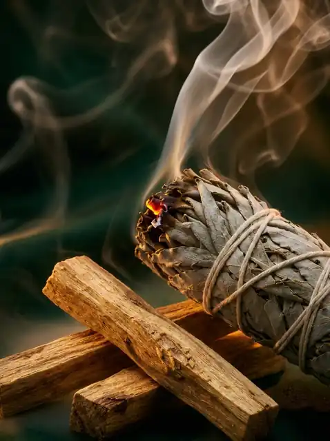 Palo Santo 25 g i biała szałwia 10 cm – zbliżenie na palący się pęczek