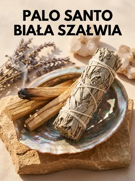 Pęczek kalifornijskiej białej szałwii i drewienka świętego drzewa Palo Santo w muszli Abalone