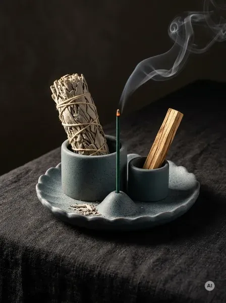 Ceramiczna niebieska podstawka w formie kwiatu lotosu z dwoma cylindrami na pęczki ziół oraz drewienka Palo Santo na ciemnym tle.