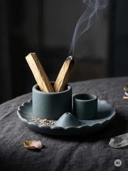 Ceramiczna niebieska podstawka w formie kwiatu lotosu z dwoma cylindrami na pęczki ziół oraz drewienka Palo Santo na ciemnym tle.