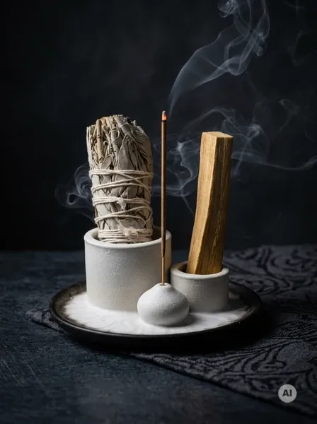 Nowoczesna ceramiczna podstawka z białymi cylindrami na Palo Santo i pęczki oraz ciemną misą z subtelnym motywem mandali.