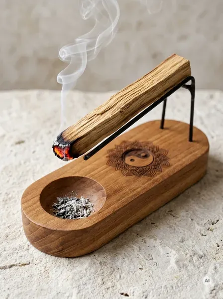 Owalna podstawka z naturalnego drewna tekowego z wygrawerowanym symbolem Yin Yang oraz metalowym stelażem na którym tli się drewienko Palo Santo.