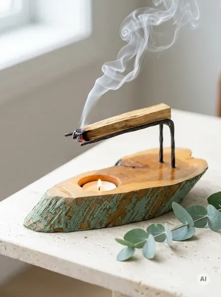 Organiczna niepowtarzalna drewniana podstawka z surową szałwiowo zieloną korą z drewna gamal z czarnym rusztem na żarzące się drewienko Palo Santo w jasnym wnętrzu.