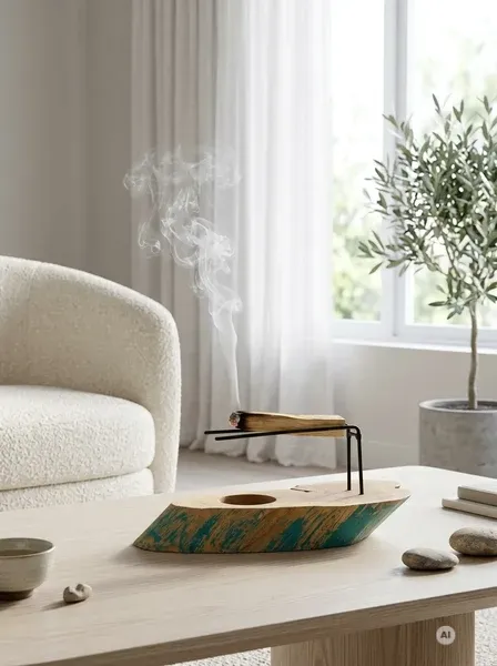 Organiczna niepowtarzalna drewniana podstawka z surową szałwiowo zieloną korą z drewna gamal z czarnym rusztem na żarzące się drewienko Palo Santo w jasnym wnętrzu.