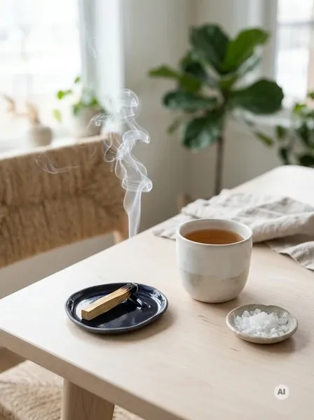 Okrągła ceramiczna podstawka w głębokim kobaltowym odcieniu, wykonana ręcznie w Krakowie, prezentująca bezpieczne użycie z Palo Santo.