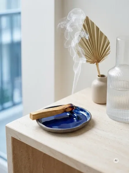 Okrągła ceramiczna podstawka w głębokim kobaltowym odcieniu, wykonana ręcznie w Krakowie, prezentująca bezpieczne użycie z Palo Santo.