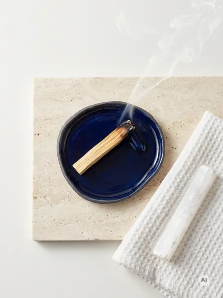 Okrągła ceramiczna podstawka w głębokim kobaltowym odcieniu, wykonana ręcznie w Krakowie, prezentująca bezpieczne użycie z Palo Santo.