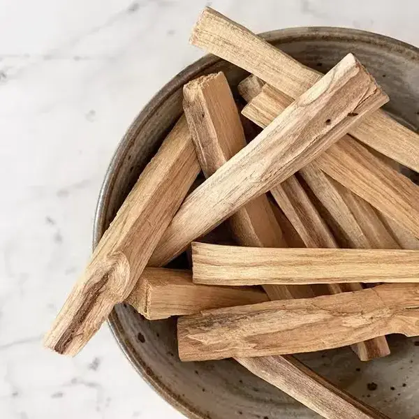 Grube drewienka zielonego Palo Santo ułożone w estetyczny stosik obok żarzącej się szczapki na ceramicznej podstawce w jasnym salonie.
