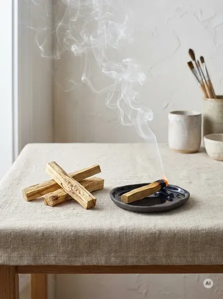 Grube drewienka zielonego Palo Santo ułożone w estetyczny stosik obok żarzącej się szczapki na ceramicznej podstawce w jasnym salonie.