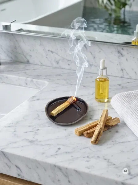 Grube drewienka zielonego Palo Santo ułożone w estetyczny stosik obok żarzącej się szczapki na ceramicznej podstawce w jasnym salonie.