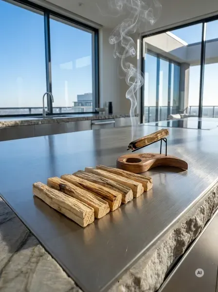 Duża paczka naturalnego kadzidła Palo Santo 50g obok siedmiu drewienek i tlącej się szczapki na ceramicznej podstawce.