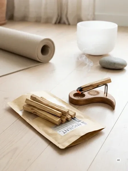 Duża paczka naturalnego kadzidła Palo Santo 50g obok siedmiu drewienek i tlącej się szczapki na ceramicznej podstawce.