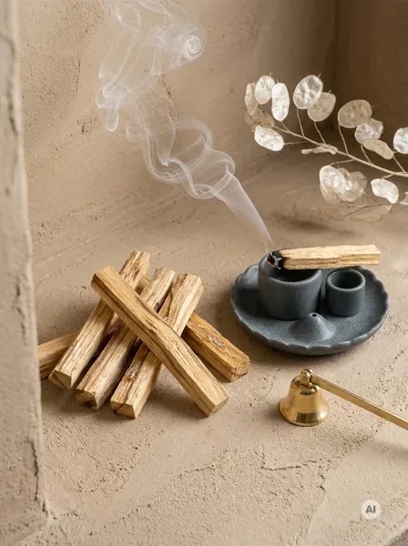 Duża paczka naturalnego kadzidła Palo Santo 50g obok siedmiu drewienek i tlącej się szczapki na ceramicznej podstawce.