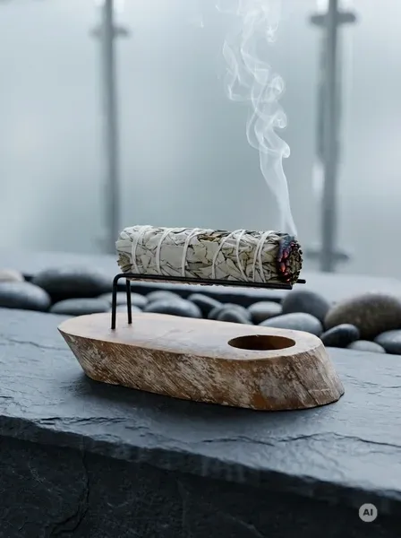 Zwarty pęczek suszonej białej szałwii o długości 10 cm związany naturalnym sznurkiem obok tlącego się liścia na ceramicznej podstawce.