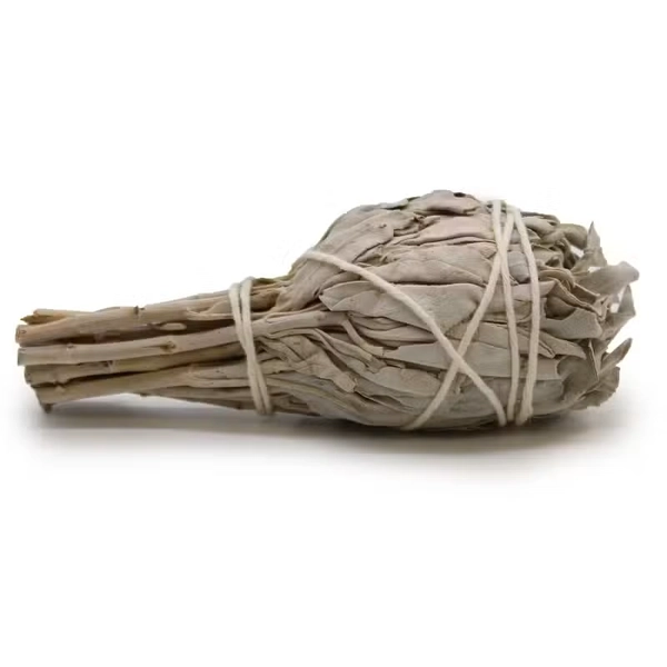 Zgrabny pęczek białej szałwii w formie pochodni z wygodną rękojeścią, tlący się aromatycznym dymem na ceramicznej podstawce.