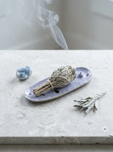 Zgrabny pęczek białej szałwii w formie pochodni z wygodną rękojeścią, tlący się aromatycznym dymem na ceramicznej podstawce.
