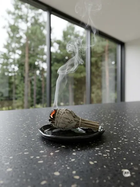Zgrabny pęczek białej szałwii w formie pochodni z wygodną rękojeścią, tlący się aromatycznym dymem na ceramicznej podstawce.