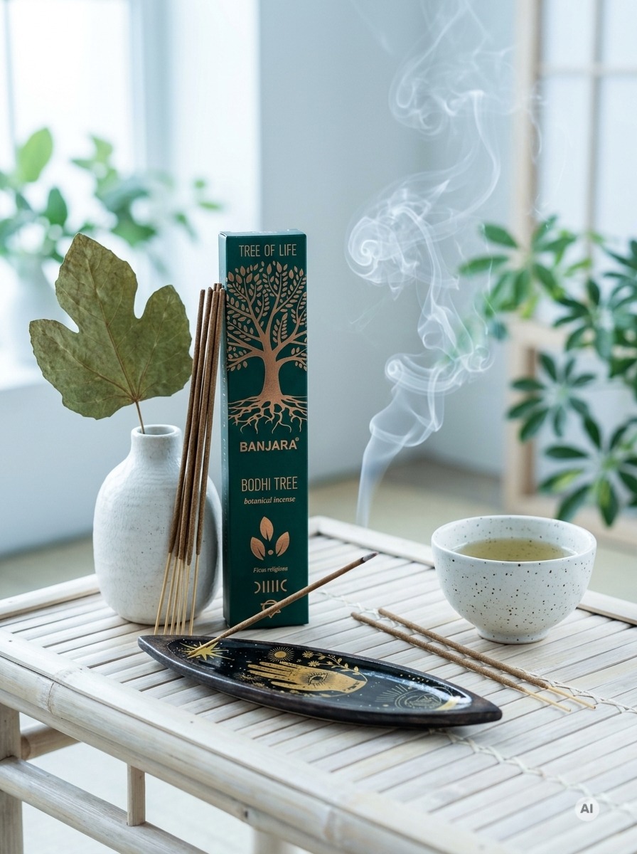 Ciemnozielone pudełko kadzidełek Banjara Bodhi Tree obok grubych naturalnych patyczków botanicznych i tlącego się kadzidła na podstawce ceramicznej.