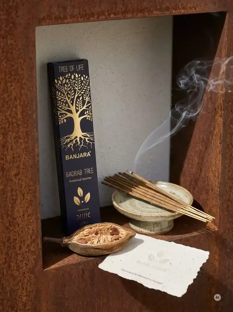 Granatowe pudełko kadzidełek Banjara Baobab Tree ze złotym symbolem drzewa obok grubych patyczków botanicznych i tlącego się kadzidła.