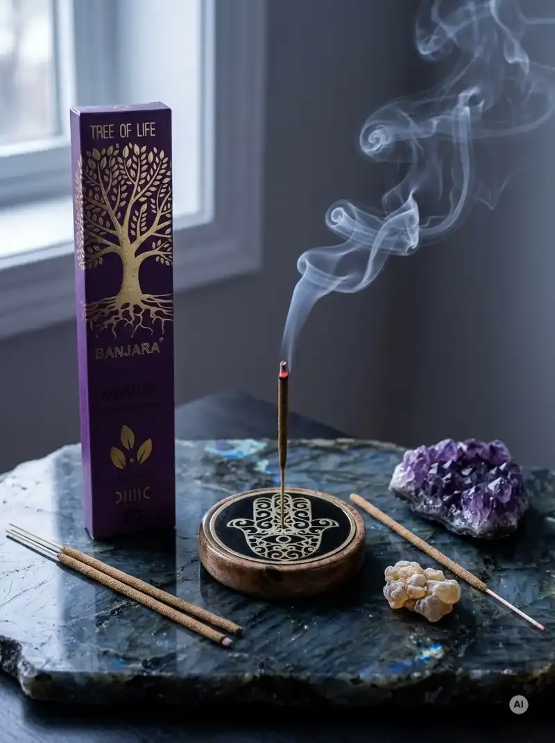 Eleganckie purpurowe pudełko kadzidełek Banjara Kabbalah ze złotym symbolem Drzewa Życia obok grubych patyczków botanicznych i dymu na ceramicznej podstawce.