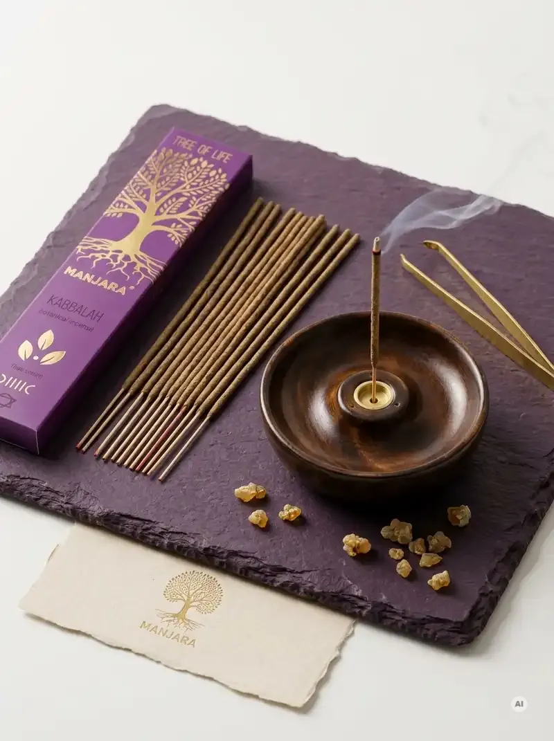Eleganckie purpurowe pudełko kadzidełek Banjara Kabbalah ze złotym symbolem Drzewa Życia obok grubych patyczków botanicznych i dymu na ceramicznej podstawce.