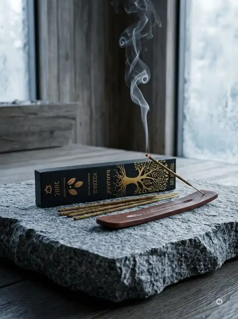 Matowe czarne pudełko kadzidełek Banjara Yggdrasil ze złotym symbolem drzewa obok grubych patyczków botanicznych i tlącego się kadzidła na podstawce.
