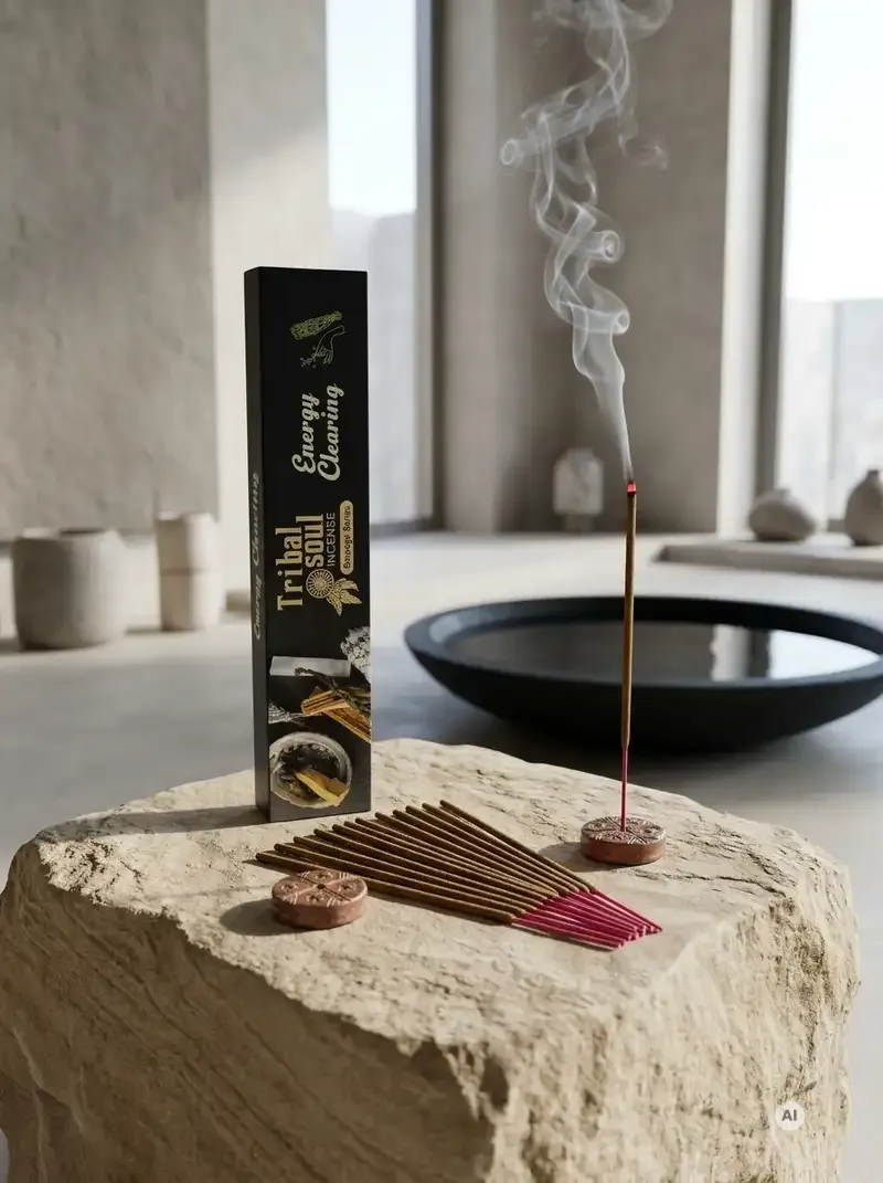 Czarne pudełko kadzidełek Tribal Soul Oczyszczanie Energii obok patyczków z różowymi końcówkami, ceramicznej podstawki guzikowej i tlącego się kadzidła.