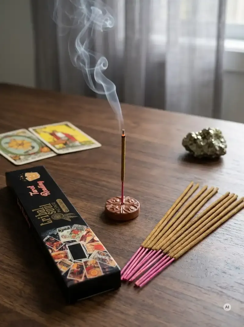 Czarne pudełko kadzidełek Tribal Soul Tarot Reading z motywem rozłożonych kart tarota obok patyczków z różowymi trzonkami i małej podstawki ceramicznej.