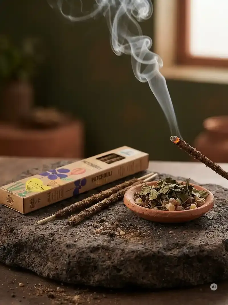 Ekologiczne kartonowe pudełko kadzidełek Namaste India Paczula Patchouli z motywem polnych kwiatów obok grubych patyczków botanicznych masala.