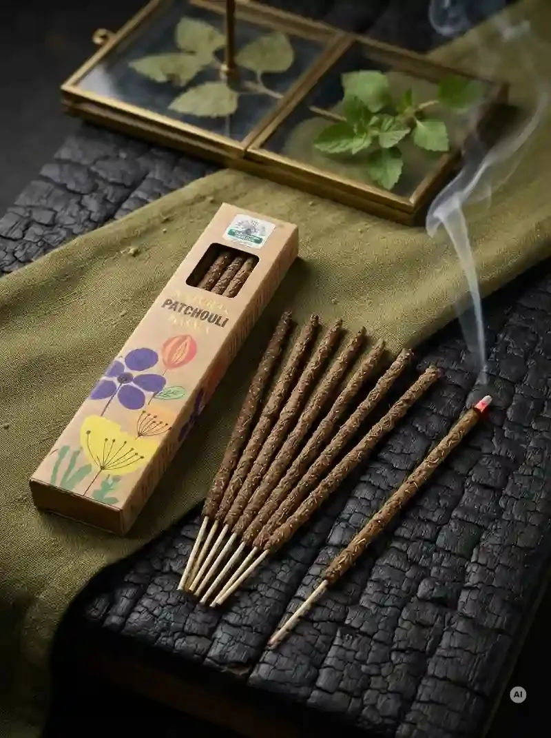 Ekologiczne kartonowe pudełko kadzidełek Namaste India Paczula Patchouli z motywem polnych kwiatów obok grubych patyczków botanicznych masala.