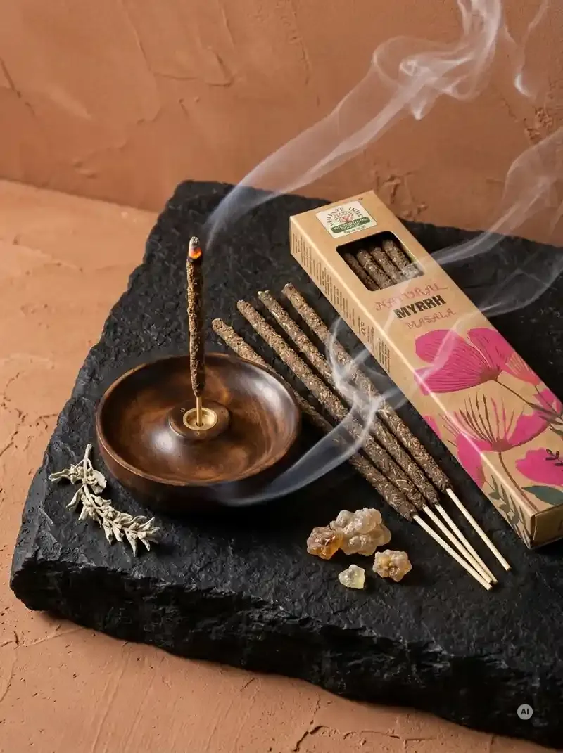 Ekologiczne kartonowe pudełko kadzidełek Namaste India Mirra Myrrh z motywem polnych kwiatów obok grubych patyczków botanicznych masala.