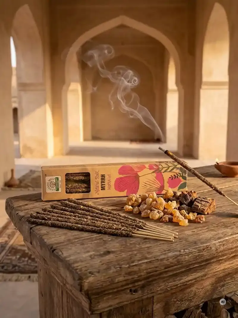 Ekologiczne kartonowe pudełko kadzidełek Namaste India Mirra Myrrh z motywem polnych kwiatów obok grubych patyczków botanicznych masala.