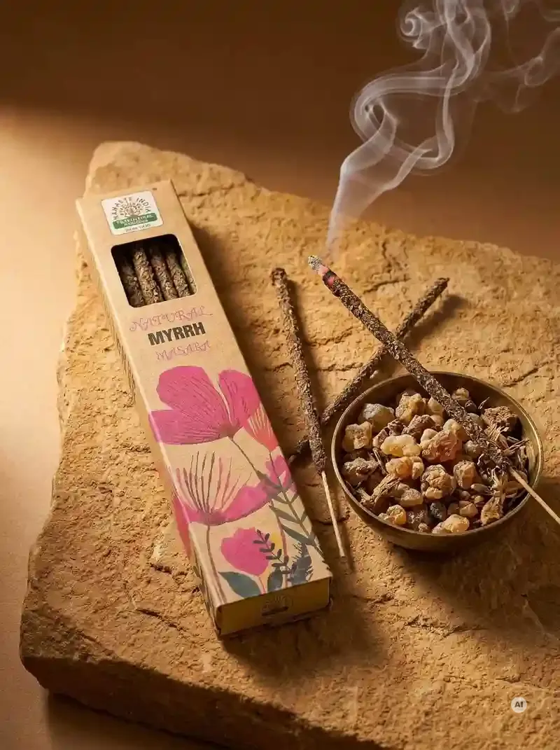 Ekologiczne kartonowe pudełko kadzidełek Namaste India Mirra Myrrh z motywem polnych kwiatów obok grubych patyczków botanicznych masala.