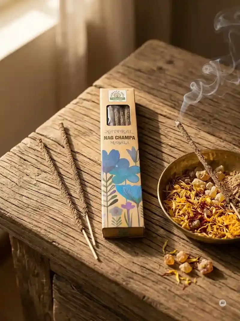 Ekologiczne kartonowe pudełko kadzidełek Namaste India Nag Champa z motywem polnych kwiatów obok grubych patyczków botanicznych masala.