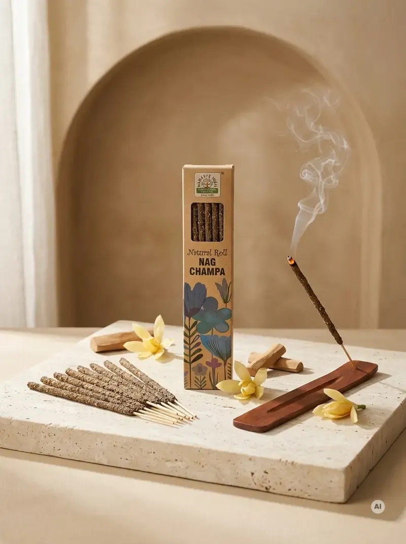 Ekologiczne kartonowe pudełko kadzidełek Namaste India Nag Champa z motywem polnych kwiatów obok grubych patyczków botanicznych masala.