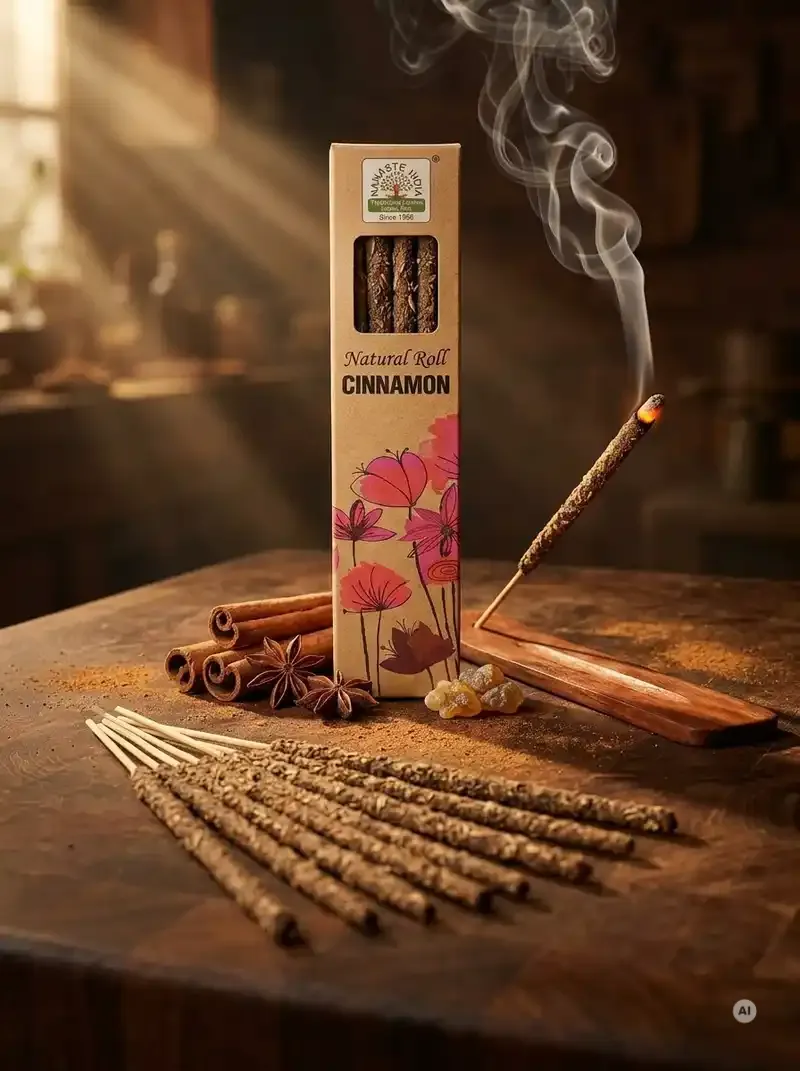 Ekologiczne kartonowe pudełko kadzidełek Namaste India Cynamon Cinnamon z motywem polnych kwiatów obok grubych patyczków botanicznych masala.