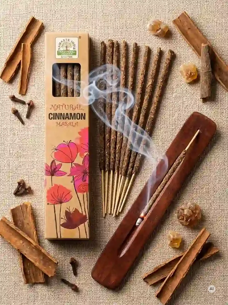Ekologiczne kartonowe pudełko kadzidełek Namaste India Cynamon Cinnamon z motywem polnych kwiatów obok grubych patyczków botanicznych masala.