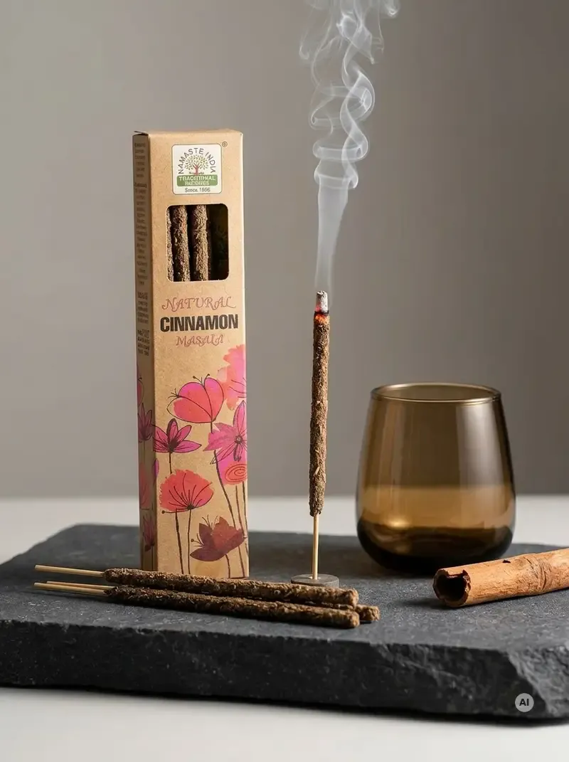 Ekologiczne kartonowe pudełko kadzidełek Namaste India Cynamon Cinnamon z motywem polnych kwiatów obok grubych patyczków botanicznych masala.