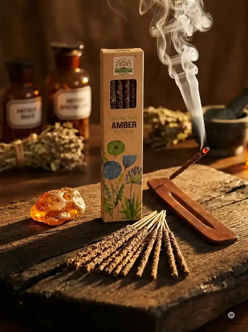 Ekologiczne pudełeczko kadzidełek Namaste India Amber Bursztyn obok ułożonych patyczków masala obsypanych aromatycznym pyłkiem żywicznym.