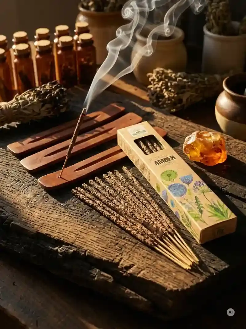 Ekologiczne pudełeczko kadzidełek Namaste India Amber Bursztyn obok ułożonych patyczków masala obsypanych aromatycznym pyłkiem żywicznym.