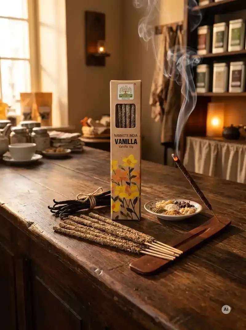 Ekologiczne kartonowe pudełko kadzidełek Namaste India Wanilia Vanilla z motywem polnych kwiatów obok grubych patyczków botanicznych masala.