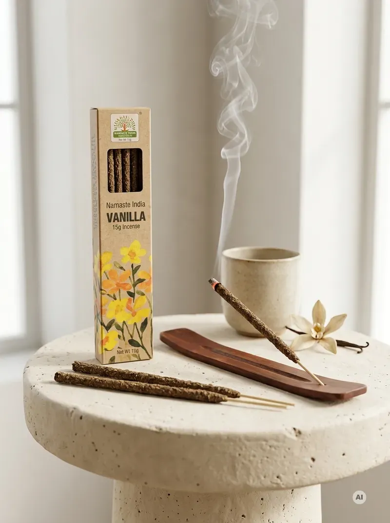 Ekologiczne kartonowe pudełko kadzidełek Namaste India Wanilia Vanilla z motywem polnych kwiatów obok grubych patyczków botanicznych masala.