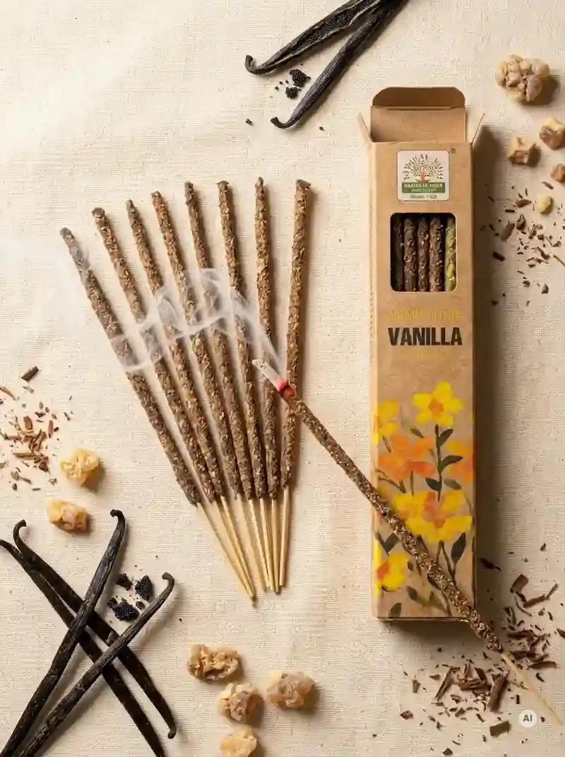 Ekologiczne kartonowe pudełko kadzidełek Namaste India Wanilia Vanilla z motywem polnych kwiatów obok grubych patyczków botanicznych masala.